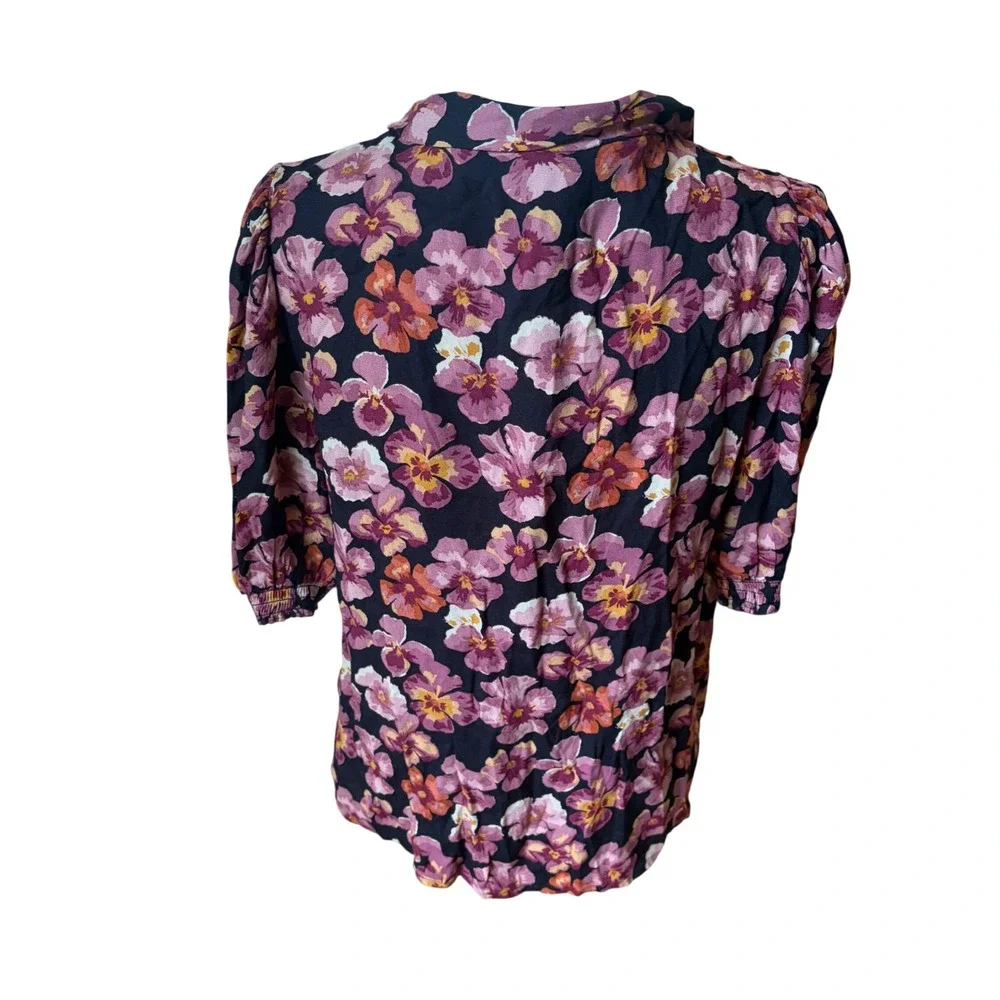 Reformation Joelle Floral Tie Neck Blouse Pansy Romantic Short Sleeve Large Boho